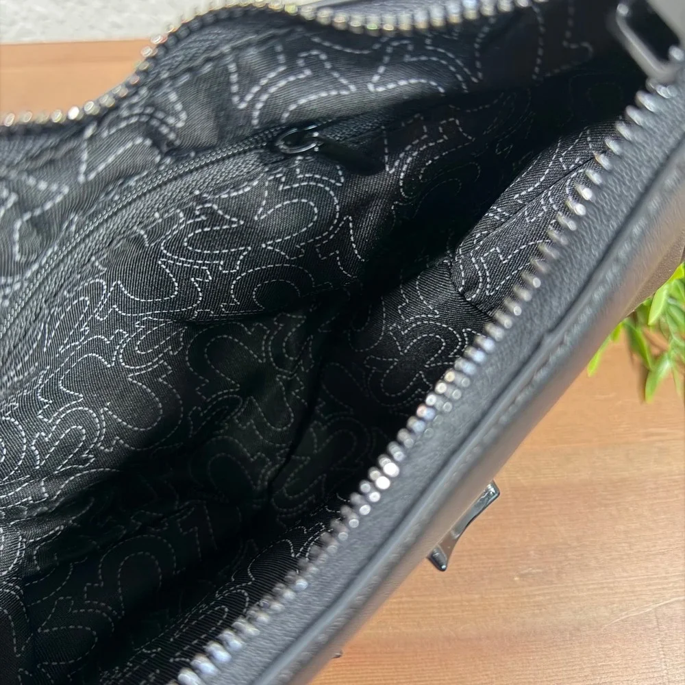 True Religion Women Logo Strap Crescent Hobo Black Faux Leather Bag TNFB0118